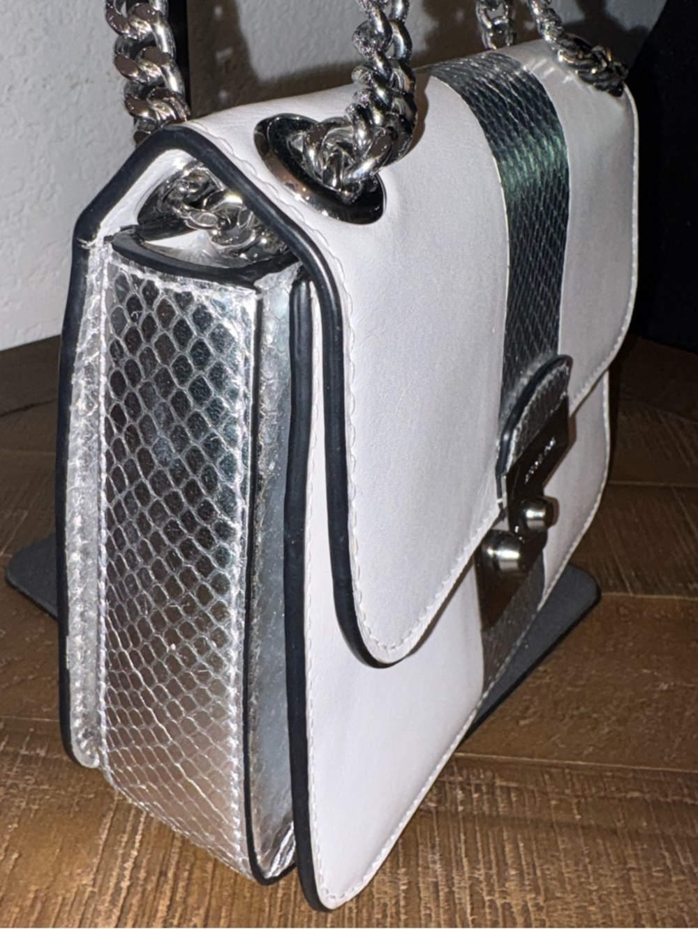 Michael Kors White Crossbody with Silver Snake-Texture Stripe - Picture 3 of 10